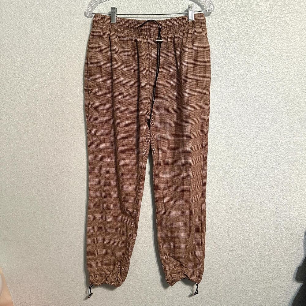 Zanerobe Pants Men Size 34 Brown Checkered Regular Fit Elastic Waist 100 Cotton